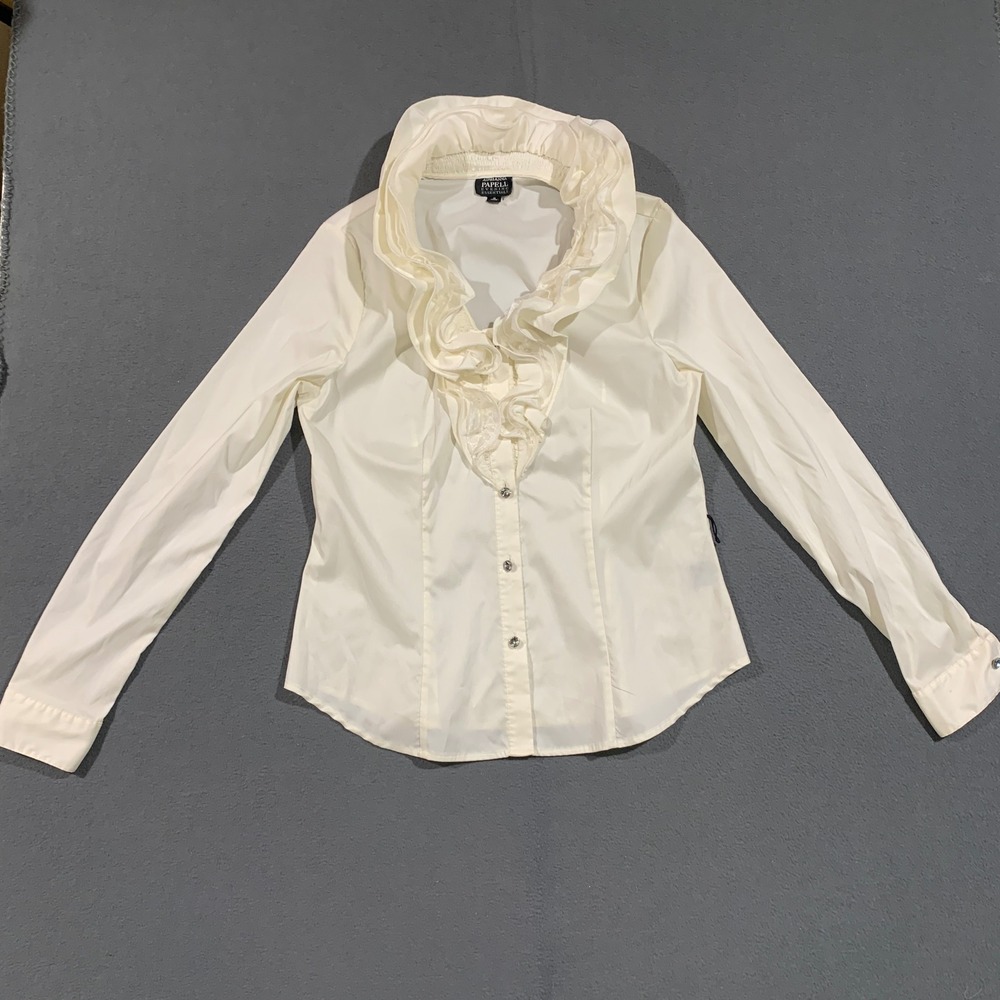 Adrianna Papell Ivory Ruffle Collar Blouse Rhinestone Button Evening Top Size 14